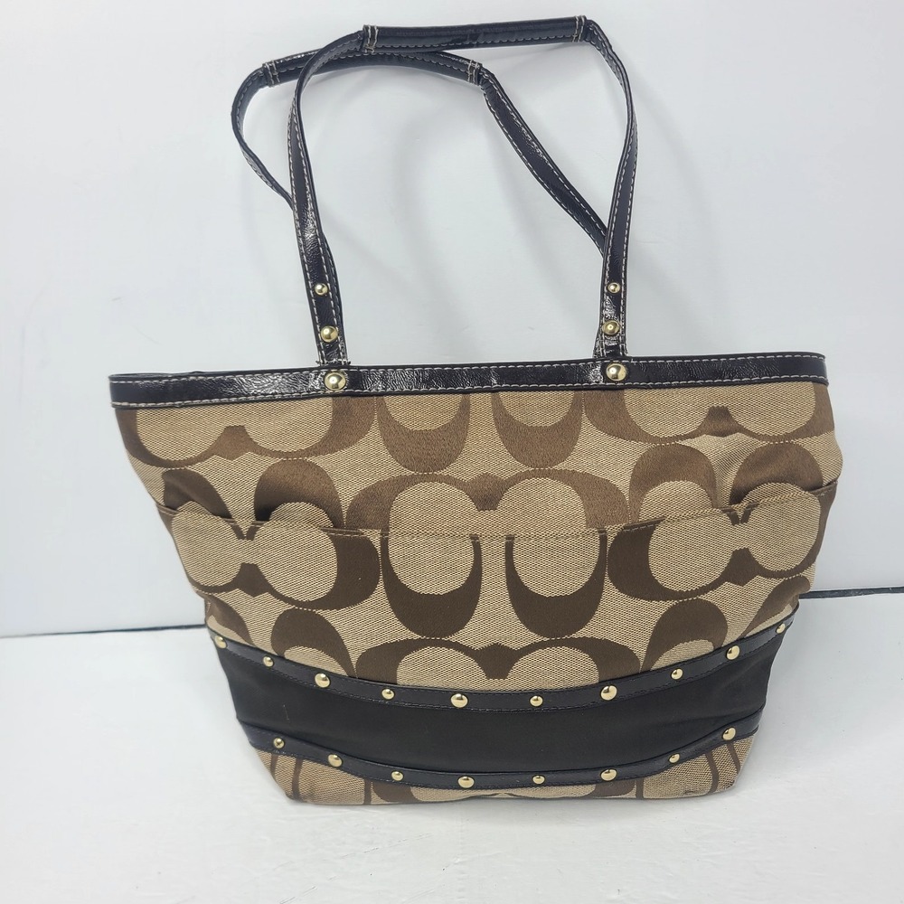 COACH Signature Stripe Studded Brown Tote Handbag Monogram C Pattern F20014 - Picture 4 of 10